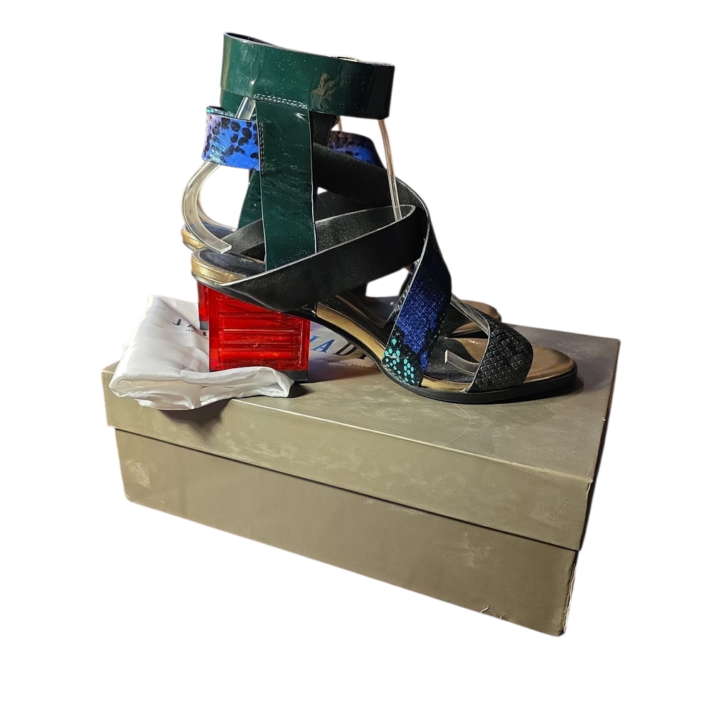 Elegant Strappy Heels in Green, Blue, and Red